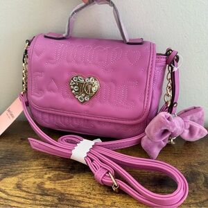 New Juicy Couture Lovely Girl Purple Flap Crossbody Bow Heart Bag Charm Gold